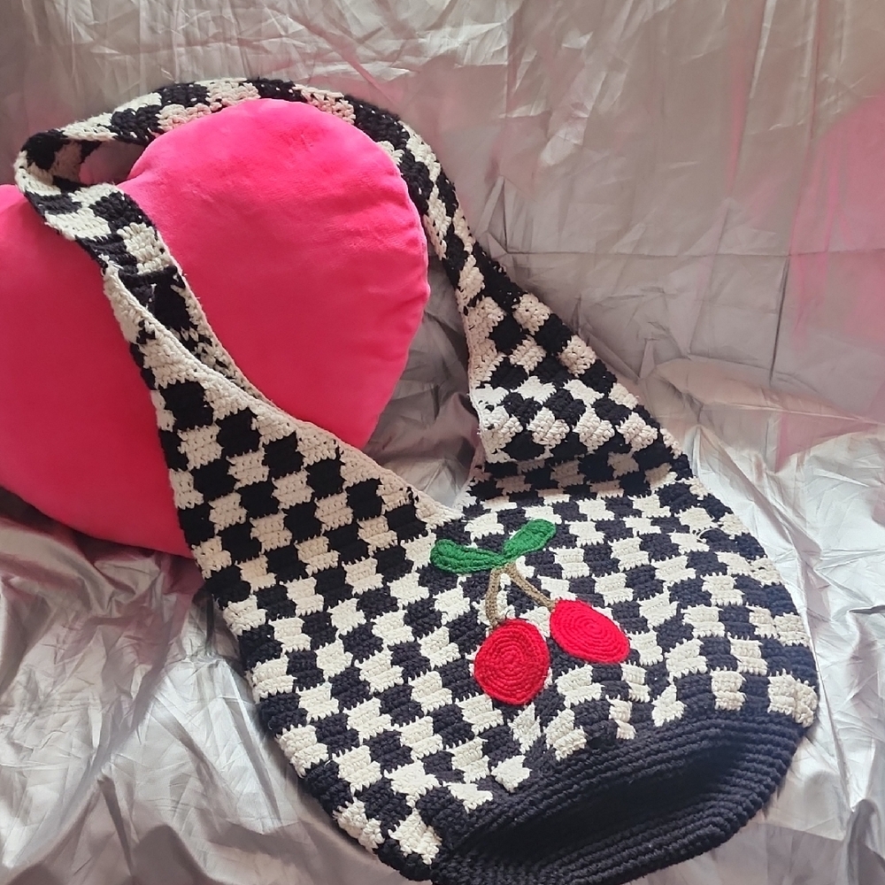Black and White Checkered Crossbody Bag with Cherry Design